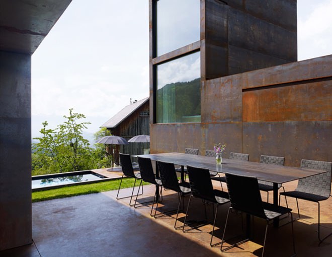Marte Marte Architekten, steel facade, oxidized steel, mountain house, Alpine architecture, Austrian architects, metal facades, green architecture, underground pools, tower design