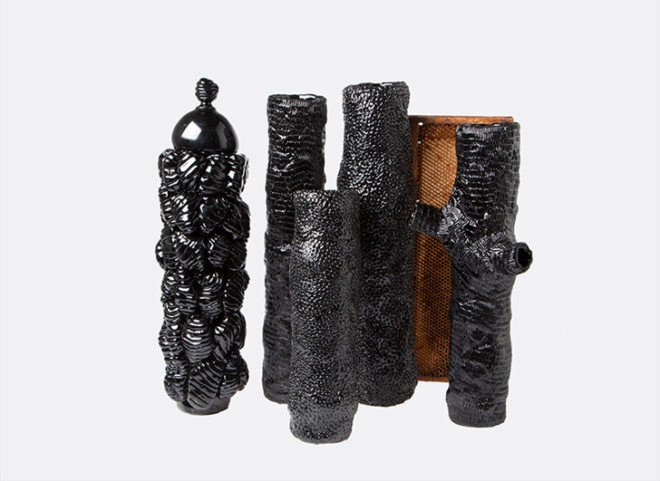Marlène Huissoud, silkworm cocoons, beehive resin, propolis, sericin, glass blowing, organic furniture, natural by-products, biodegradable materials, sustainable materials, furniture design, rubber trees