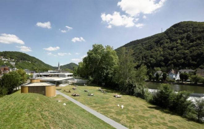 4a Architekten, Emser Sauna, floating sauna, architecture, Emser Thermal Spa, river Lahn, German saunas, sauna architecture, spa design, floating architecture, floating structure, river structures