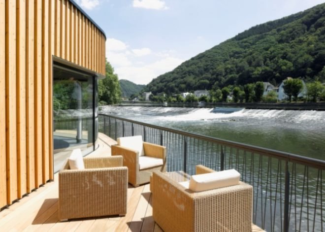 4a Architekten, Emser Sauna, floating sauna, architecture, Emser Thermal Spa, river Lahn, German saunas, sauna architecture, spa design, floating architecture, floating structure, river structures