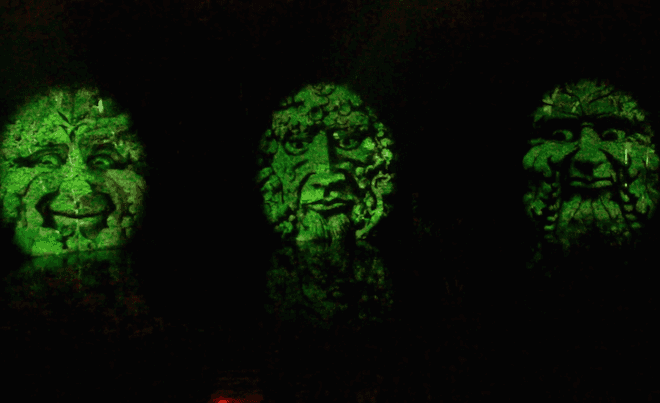 Maizz Visual, blink twice, audiovisual installation, reader submitted content, summer set music festival, wisconsin, trees, video installation, 3d motion faces, 3d motion projection, green man, green men, video projectors