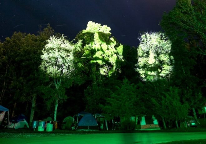 Maizz Visual, blink twice, audiovisual installation, reader submitted content, summer set music festival, wisconsin, trees, video installation, 3d motion faces, 3d motion projection, green man, green men, video projectors