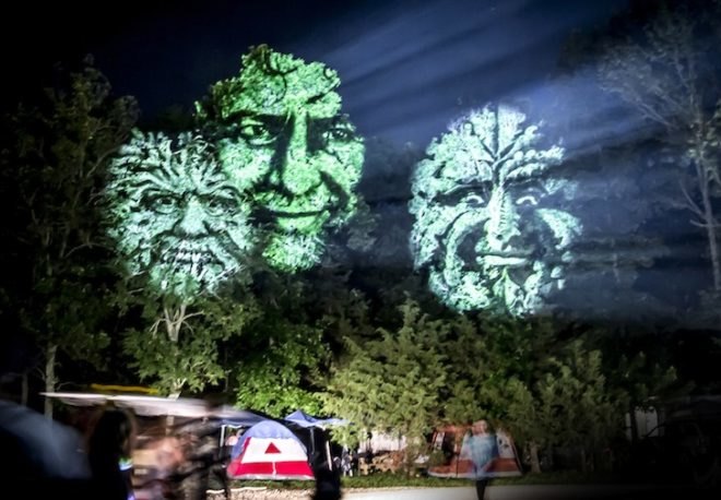 Maizz Visual, blink twice, audiovisual installation, reader submitted content, summer set music festival, wisconsin, trees, video installation, 3d motion faces, 3d motion projection, green man, green men, video projectors