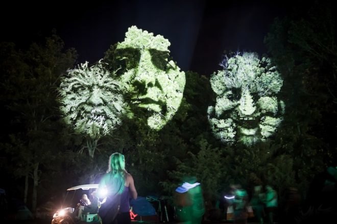 Maizz Visual, blink twice, audiovisual installation, reader submitted content, summer set music festival, wisconsin, trees, video installation, 3d motion faces, 3d motion projection, green man, green men, video projectors