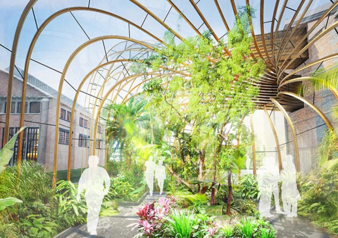Thomas Heatherwick, glasshouse, glass house, Bombay Sapphire, gin distillery, conceptual rendering, botanical
