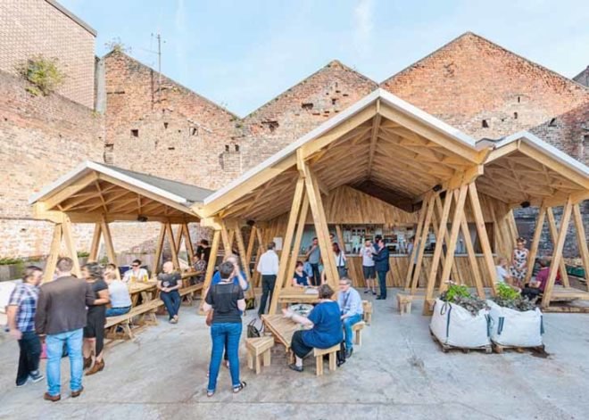 Constellation Bar, Liverpool architecture, wooden canopy, canopy, triangular structure, timber architecture, rainwater, Hugh Miller, wood furniture