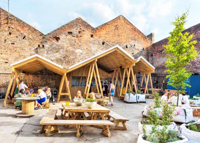 Constellation Bar, Liverpool architecture, wooden canopy, canopy, triangular structure, timber architecture, rainwater, Hugh Miller, wood furniture