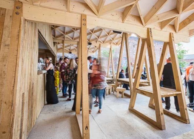 Constellation Bar, Liverpool architecture, wooden canopy, canopy, triangular structure, timber architecture, rainwater, Hugh Miller, wood furniture