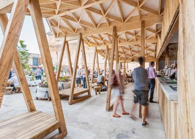 Constellation Bar, Liverpool architecture, wooden canopy, canopy, triangular structure, timber architecture, rainwater, Hugh Miller, wood furniture