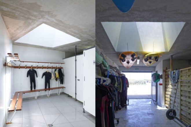 Dune Habitee, Dune Inhabited, The Architectes, dune landscape, french seaside, beach shop, watersport shop, daylighting
