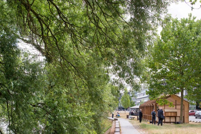 Guinée*Potin Architectes, Footcheball, long playground, thatched building, Nantes