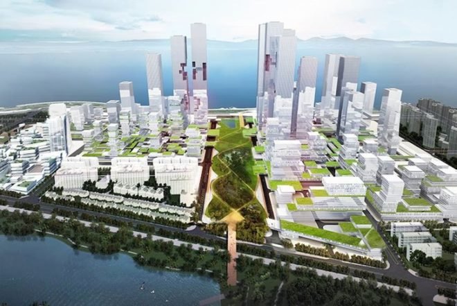 KAMJZ, Shenzhen bay super city, Shenzhen, masterplan, Shenzhen masterplan, terraced towers, reclaimed land, mixed use