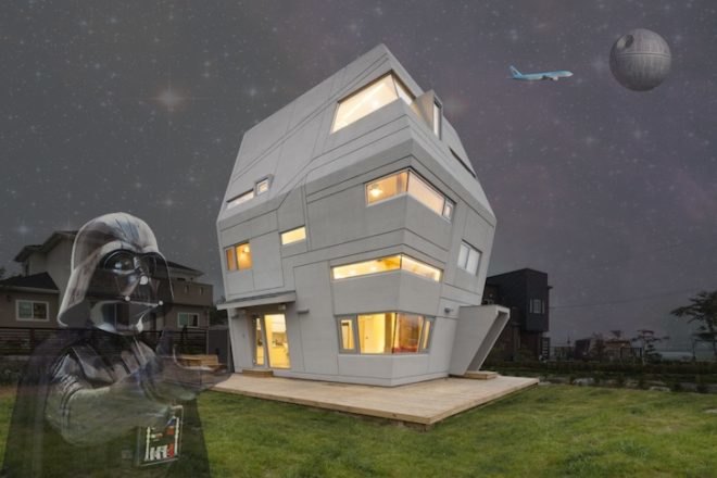 sand crawler, moon hoon, Star Wars, star wars inspired house, korea, south korea, yongjin, south korea inspired architecture, futuristic architecture, death star architecture, atrium, horizontally banded windows, playful architecture