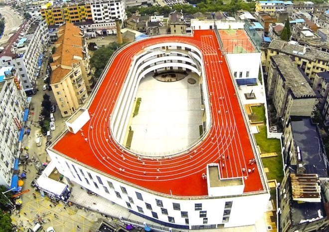 Zhejiang, LYCS Architecture, Tiantai, China, rooftop running track, running track, elementary school, space saving architecture, recreational design