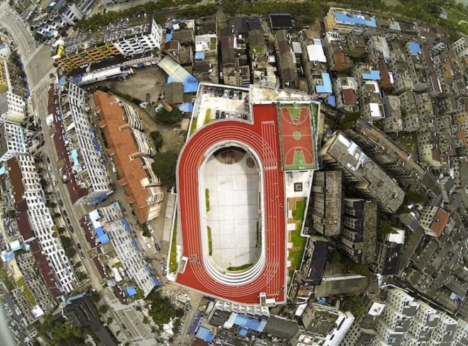 Zhejiang, LYCS Architecture, Tiantai, China, rooftop running track, running track, elementary school, space saving architecture, recreational design