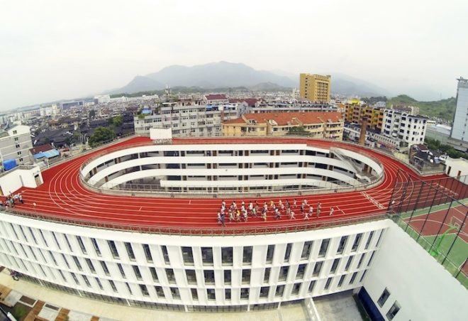 Zhejiang, LYCS Architecture, Tiantai, China, rooftop running track, running track, elementary school, space saving architecture, recreational design