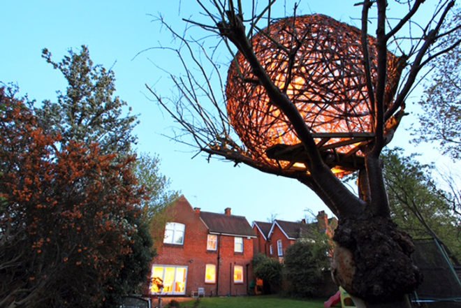 Tom Hare, willow treehouse, Cherry Tree House, human nest, spherical Tree House, biodegradable design