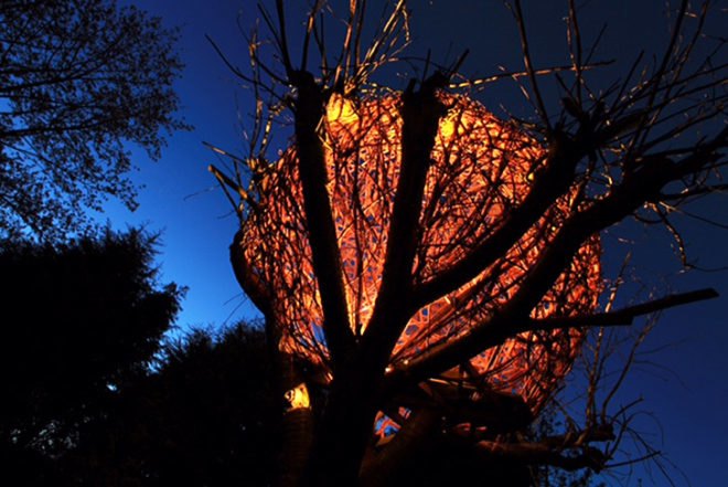 Tom Hare, willow treehouse, Cherry Tree House, human nest, spherical Tree House, biodegradable design