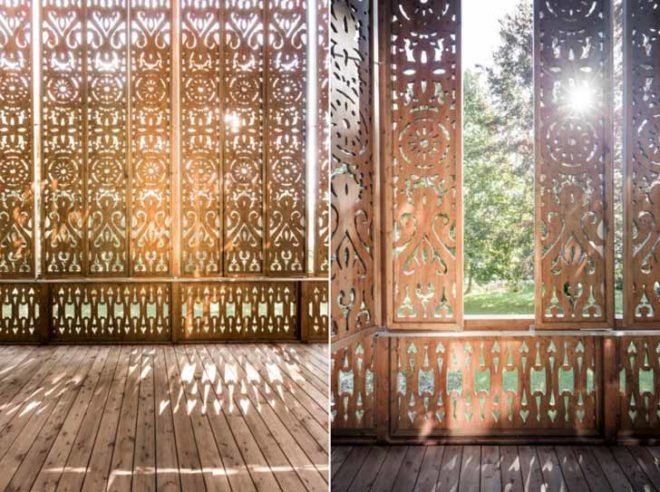 lakeside villa Austria, wooden shade screens, wood screen, wood facade, Viennese architects, Alexander Diem, Austrian architecture, facade patterns, patterns, wood patterns, traditional patterns, residential architecture