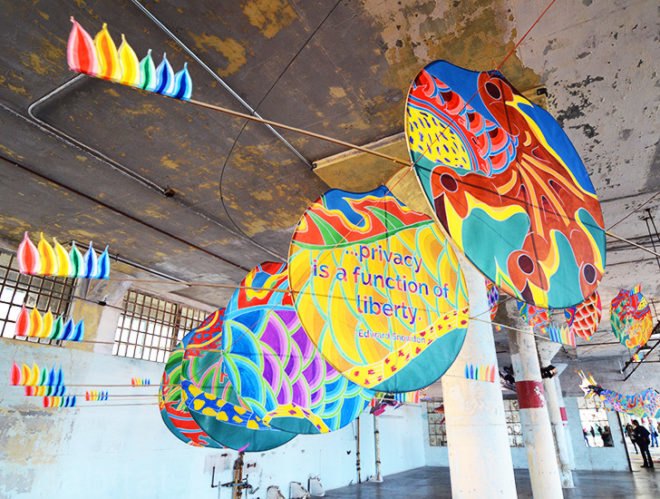 ai weiwei, @large, alcatraz, with wind, san francisco, ai weiwei alcatraz, green design, politics, political art, green art, green design, sustainable design, alcatraz prison, kites, dragon kite, handmade kite, green materials, freedom, freedom of expression