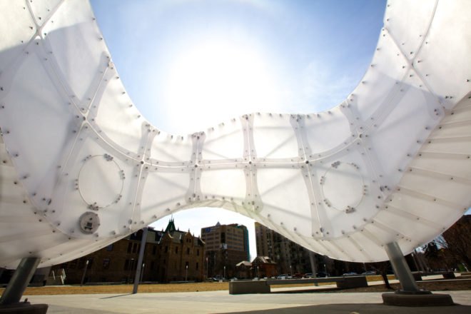 weather, light sculpture, led sculpture, interactive sculpture, sculpture, LED, LEDs, LED art, calgary art, Calgary sculpture, chinook arc, Chinook arch, creative machines, creative machines art, public art