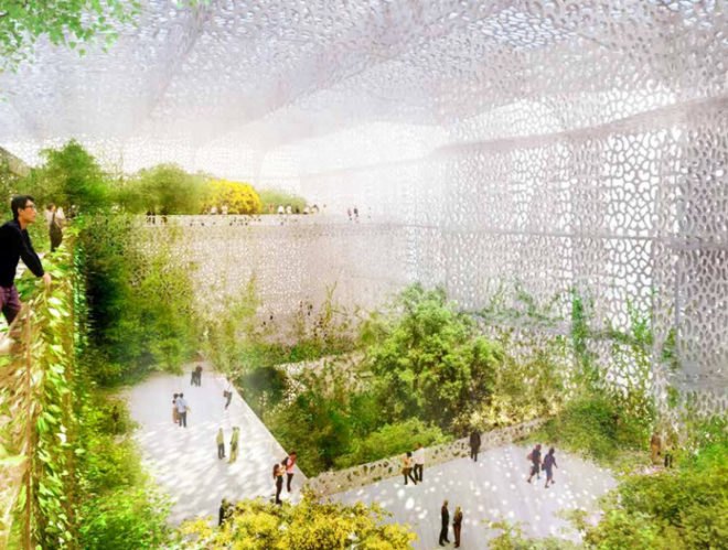 Jean Nouvel, National Art Museum of China, NAMOC, art museum, museum design, beijing, beijing olympic park, forbidden city, beijing institute of architectural design, perforated facade, filigree facade, funnel-shaped atrium, atrium, indoor garden