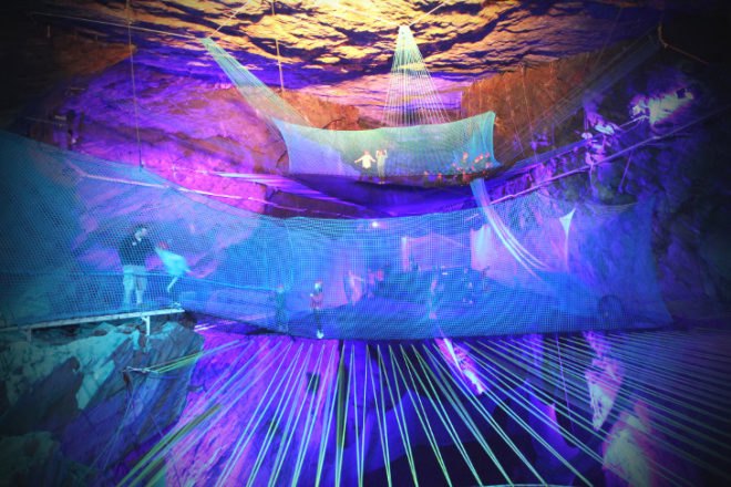Bounce Below, cave, cavern, Wales, adventure tourism, extreme sport, trampoline, suspension, underground trampolines