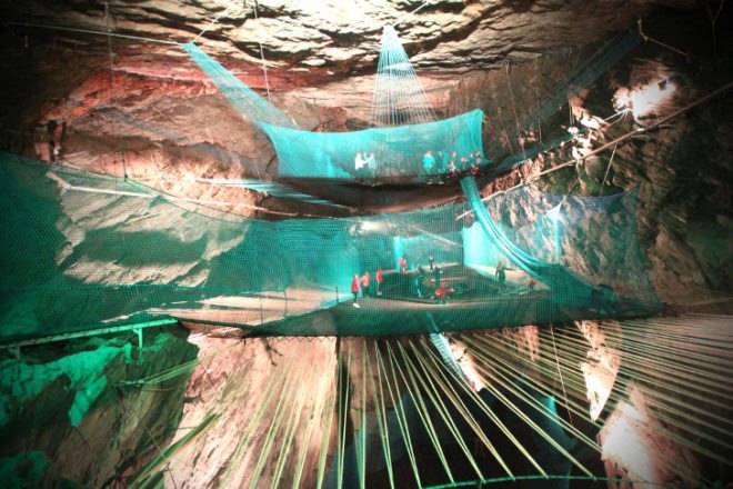 Bounce Below, cave, cavern, Wales, adventure tourism, extreme sport, trampoline, suspension, underground trampolines