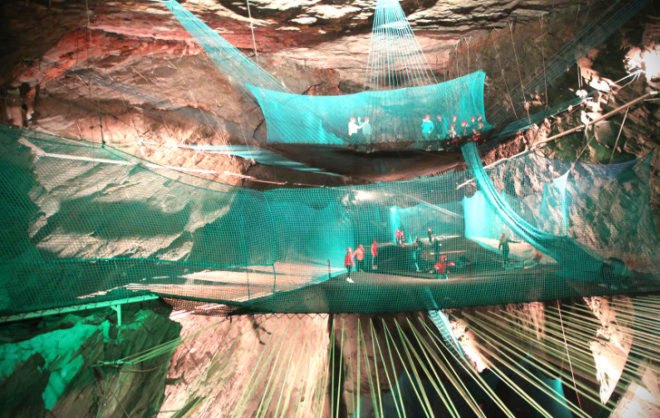 Bounce Below, cave, cavern, Wales, adventure tourism, extreme sport, trampoline, suspension, underground trampolines