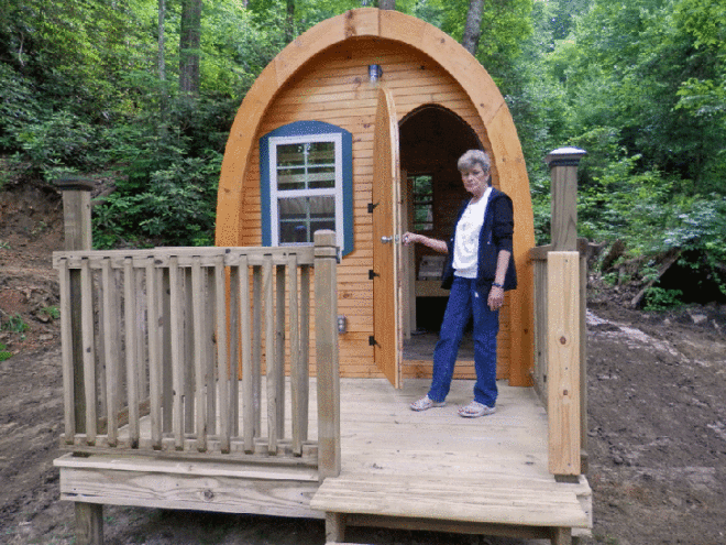tiny houses, wooden houses, wooden homes, cabins, Gypsy cabins, Catawba Falls Campground, Low-Energy Retreats, North Carolina, mushroom-like cabins