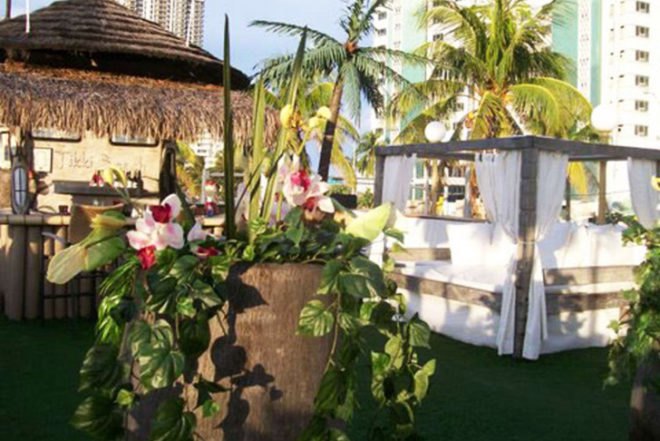 Debra Dawson, Miami-style, Tikki Beach Barge, party boat, drifting tropical island, palms, fake grass,