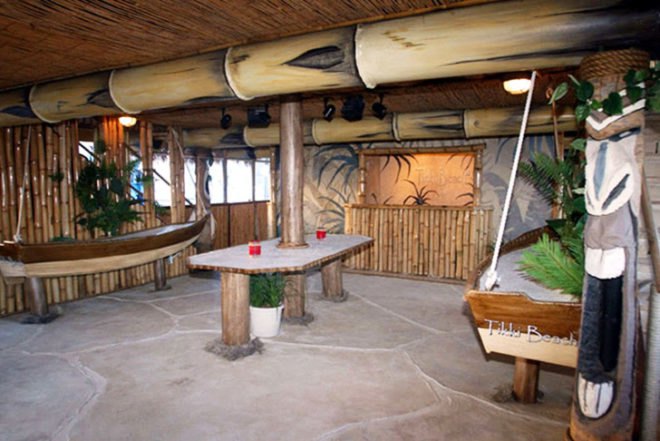 Debra Dawson, Miami-style, Tikki Beach Barge, party boat, drifting tropical island, palms, fake grass,