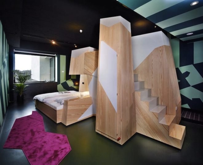 Volkshotel, Amsterdam, Netherlands, Jasper Eustace, Jos Blom, tiny hotel room, hotel room, hotel pod, architecture, mountain-inspired architecture