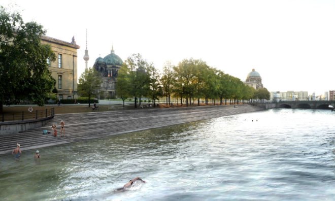 Flussbad Berlin, Berlin, Germany, River Spree, Spree Canal, brownfield redevelopment, urban rejuvenation, swimming pool, green space, water filtration, gravel filtration, reed beds