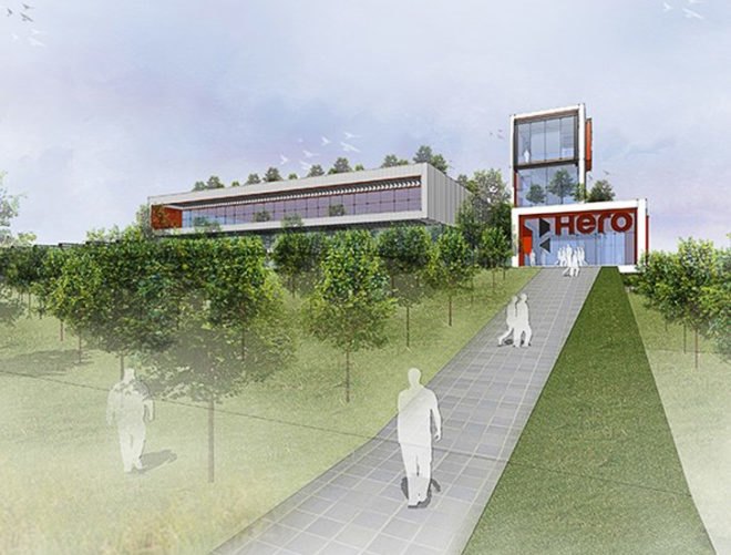 Hero MotoCorp, Garden Factory India, Eco-Friendly vehicle factory, CO2 emissions, motorcycle carbon emission, William McDonough + Partners, sustainable building, solar energy, photovoltaics, rainwater harvesting, green roof
