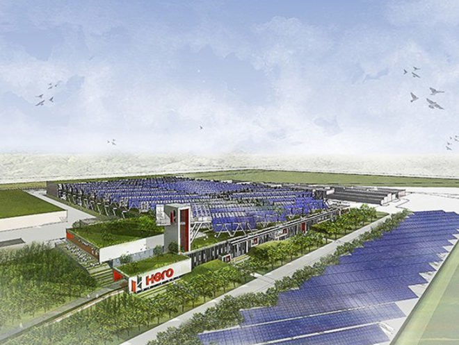 Hero MotoCorp, Garden Factory India, Eco-Friendly vehicle factory, CO2 emissions, motorcycle carbon emission, William McDonough + Partners, sustainable building, solar energy, photovoltaics, rainwater harvesting, green roof