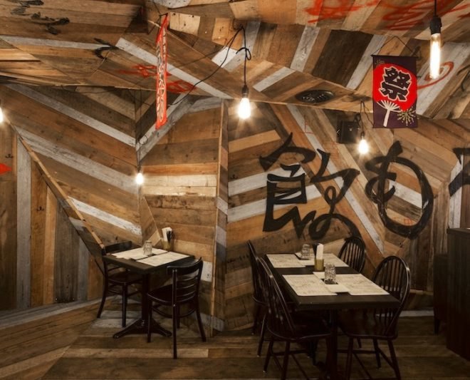 reclaimed wood, Dominic Samson, izakaya, Jean de Lessard, Japanese pub, montreal, interior design, reclaimed timber, recycled wood, locally sourced wood,