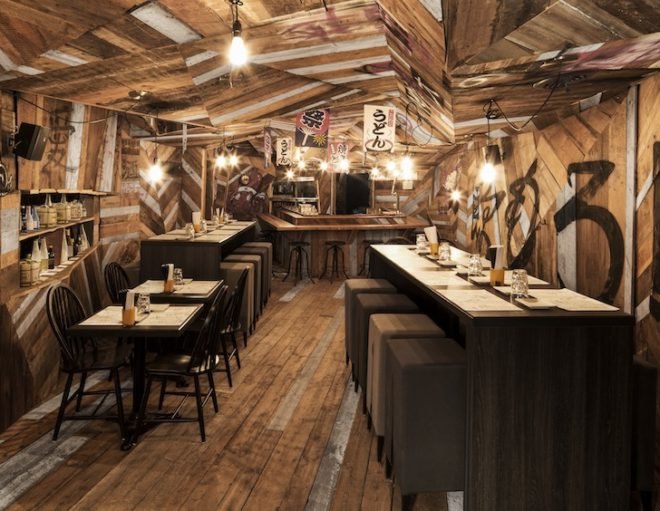 reclaimed wood, Dominic Samson, izakaya, Jean de Lessard, Japanese pub, montreal, interior design, reclaimed timber, recycled wood, locally sourced wood,