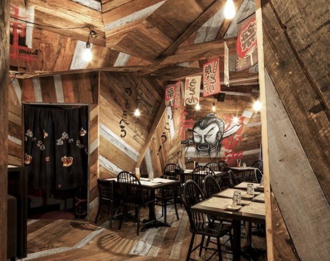 reclaimed wood, Dominic Samson, izakaya, Jean de Lessard, Japanese pub, montreal, interior design, reclaimed timber, recycled wood, locally sourced wood,