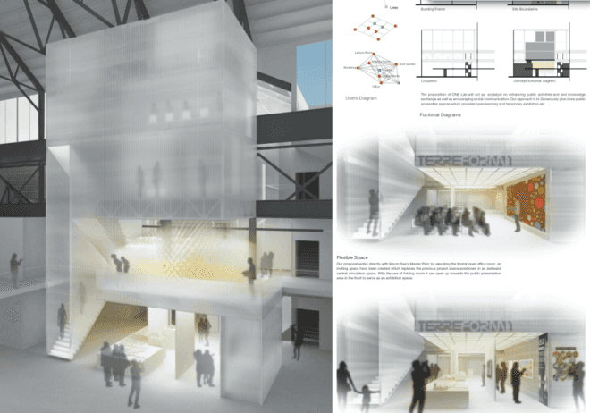 brooklyn navy yard, building 128, one prize, one lab, educational facility in brooklyn, science and design education brooklyn, non-profits, design competition, design awards, the lucent cube, self growing lab, roof garden, green roof, floating architecture, living buildings, bacteria building material
