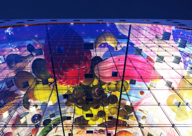 MVRDV, Rotterdam, Netherlands, Binnenrotte Square, Markthal, Markthal Rotterdam, food market, covered food market, horn of plenty art, post industrial Rotterdam, BREEAM, BREEAM Very Good certificate, markt ceiling at night, ceiling, painted ceiling