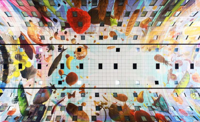 MVRDV, Rotterdam, Netherlands, Binnenrotte Square, Markthal, Markthal Rotterdam, food market, covered food market, horn of plenty art, post industrial Rotterdam, BREEAM, BREEAM Very Good certificate, markt ceiling, ceiling, painted ceiling, food hall