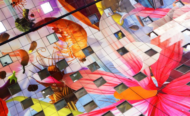 MVRDV, Rotterdam, Netherlands, Binnenrotte Square, Markthal, Markthal Rotterdam, food market, covered food market, horn of plenty art, post industrial Rotterdam, BREEAM, BREEAM Very Good certificate, markt ceiling, ceiling detail, floral ceiling