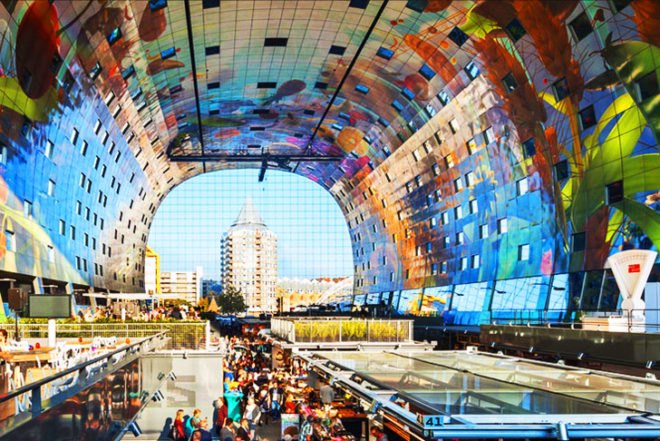 MVRDV, Rotterdam, Netherlands, Binnenrotte Square, Markthal, Markthal Rotterdam, food market, covered food market, horn of plenty art, post industrial Rotterdam, BREEAM, BREEAM Very Good certificate,