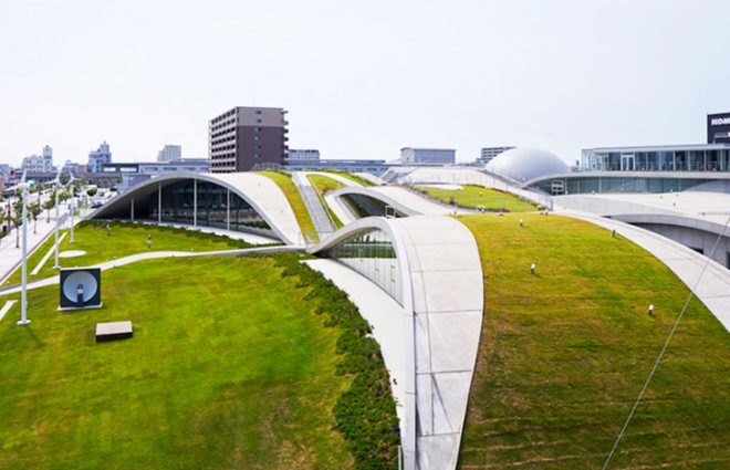 Urban Architecture Office, Mari Ito, Science Hills Komatsu, green museum, science museum, Japan, Japanese architecture, greenm roof, curvy building, rolling roof