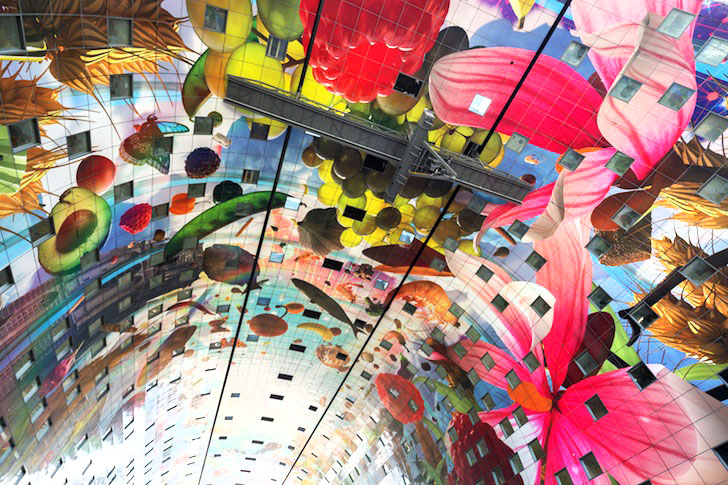 MVRDV, Rotterdam, Netherlands, Binnenrotte Square, Markthal, Markthal Rotterdam, food market, covered food market, horn of plenty art, post industrial Rotterdam, BREEAM, BREEAM Very Good certificate, energy efficient, water saving, mass transit, natural ventilation, cable net facade