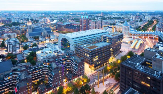 MVRDV, Rotterdam, Netherlands, Binnenrotte Square, Markthal, Markthal Rotterdam, food market, covered food market, horn of plenty art, post industrial Rotterdam, BREEAM, BREEAM Very Good certificate, energy efficient, water saving, mass transit, natural ventilation, cable net facade