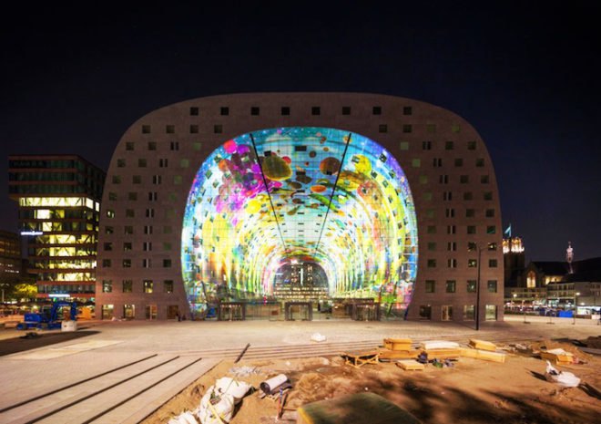 MVRDV, Rotterdam, Netherlands, Binnenrotte Square, Markthal, Markthal Rotterdam, food market, covered food market, horn of plenty art, post industrial Rotterdam, BREEAM, BREEAM Very Good certificate, energy efficient, water saving, mass transit, natural ventilation, cable net facade