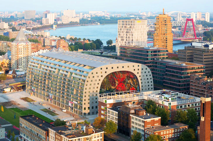 MVRDV, Rotterdam, Netherlands, Binnenrotte Square, Markthal, Markthal Rotterdam, food market, covered food market, horn of plenty art, post industrial Rotterdam, BREEAM, BREEAM Very Good certificate, energy efficient, water saving, mass transit, natural ventilation, cable net facade