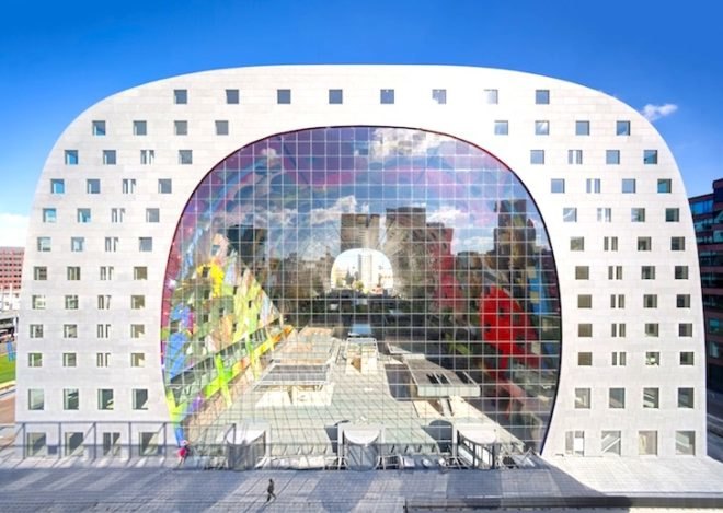MVRDV, Rotterdam, Netherlands, Binnenrotte Square, Markthal, Markthal Rotterdam, food market, covered food market, horn of plenty art, post industrial Rotterdam, BREEAM, BREEAM Very Good certificate, energy efficient, water saving, mass transit, natural ventilation, cable net facade